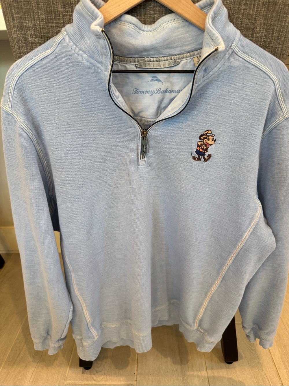 Tommy Bahama Light Blue Quarter Zip Pullover with Embroidered Character